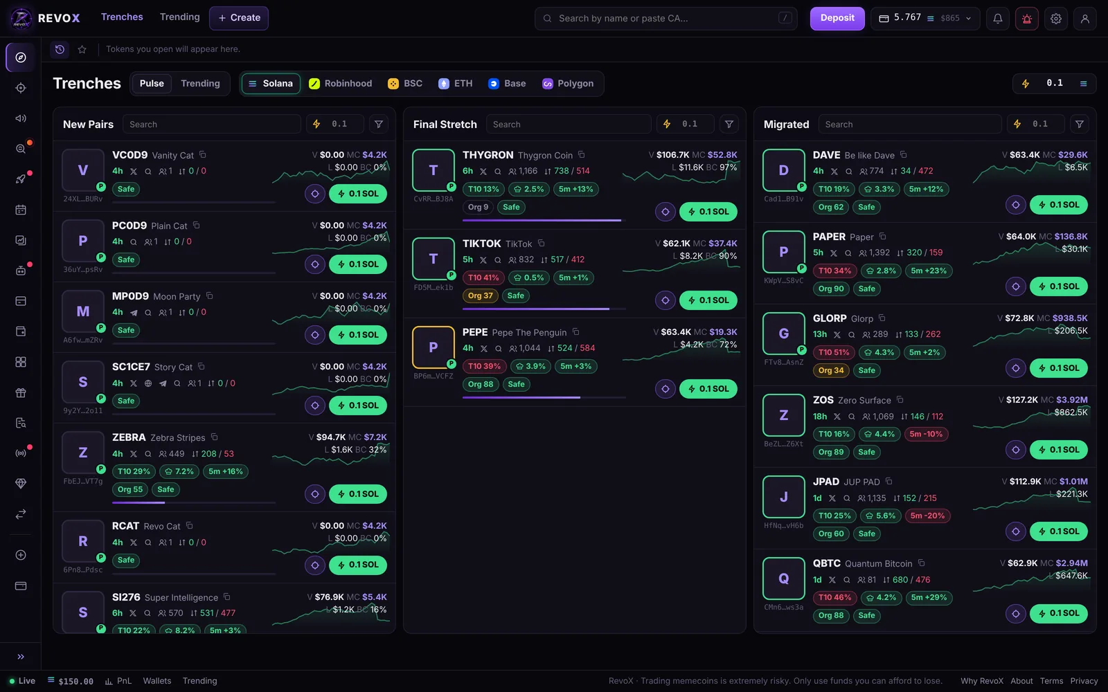 RevoX trading terminal showing new Solana coins in real time